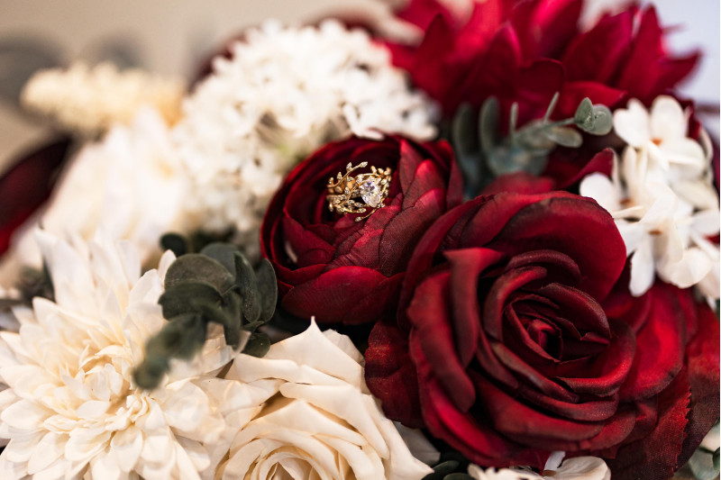 Faux bridal bouquet in burgundy and ivory with silk roses and peonies