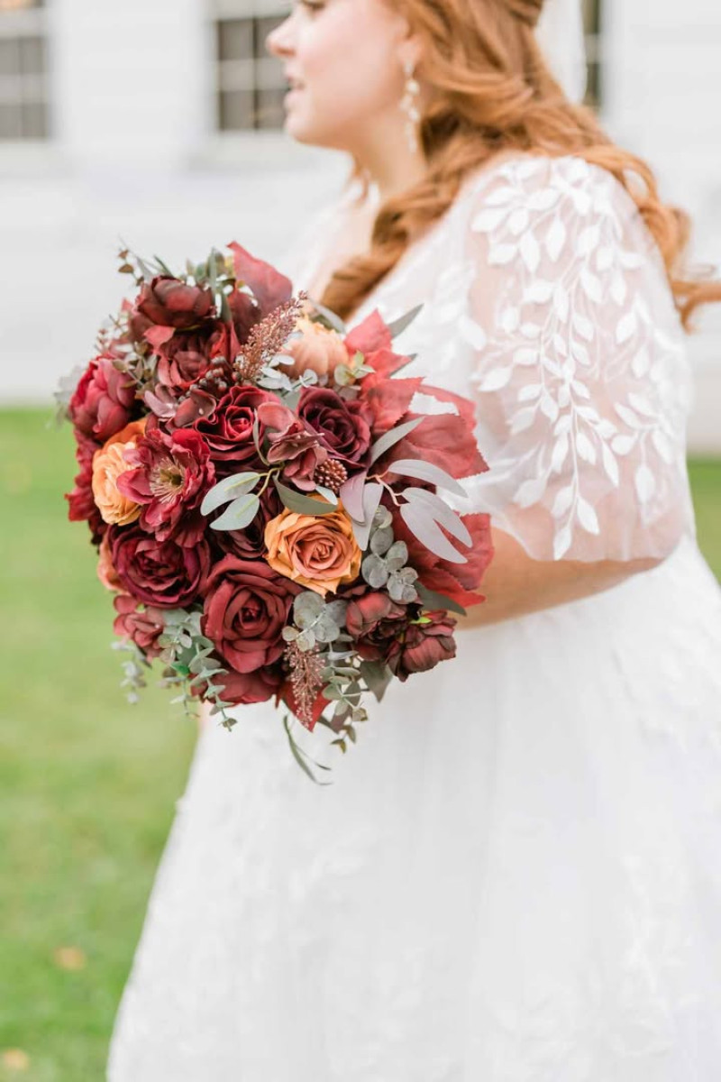 Rust, Burgundy & Cinnamon bridal bouquet with autumn wedding flowers and eucalyptus720-1200
