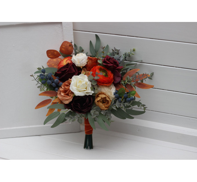 Rust, Burgundy & Ivory Wedding Bouquets – Faux Floral Elegance for Bride and Bridesmaids