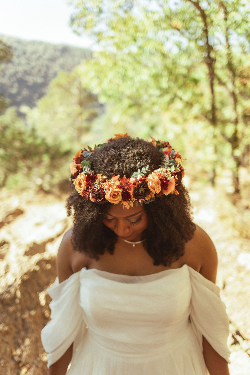 Rust burgundy cinnamon orange flower crown with faux autumn blooms