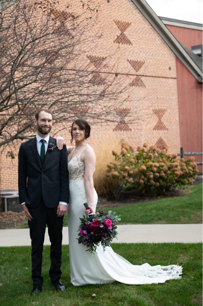 Jewel tone wedding collection, bride and groom portrait with magenta,  plum, teal and blush bridal bouquet
