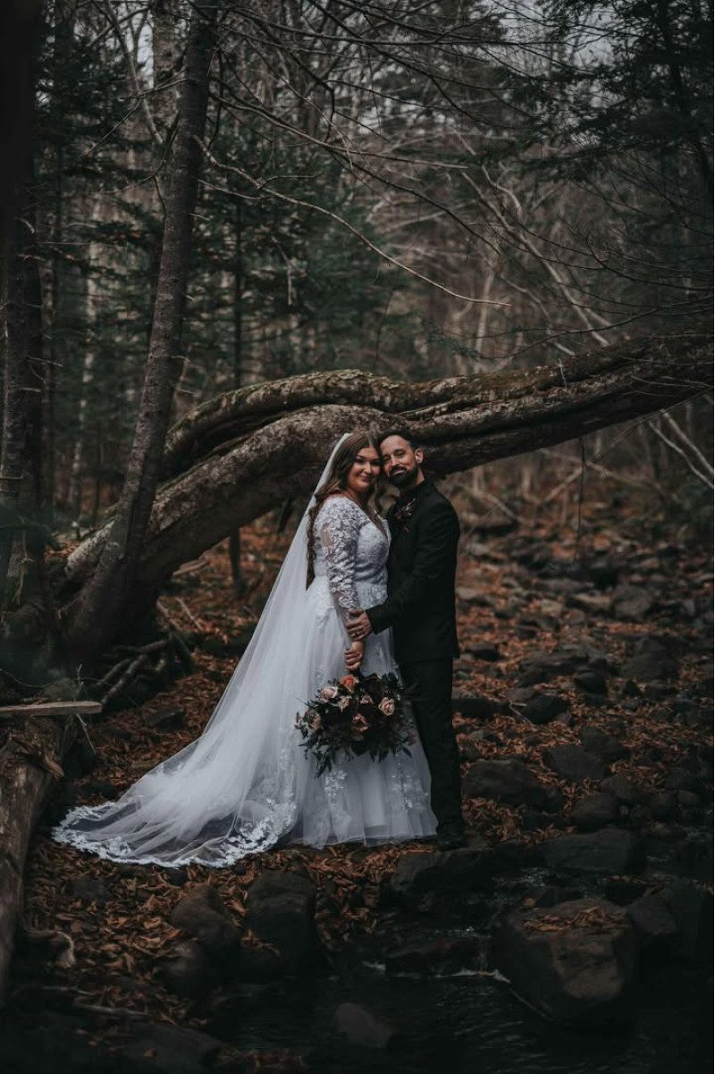 Purple, Burgundy & Beige wedding bouquet, bride and groom portrait in forest setting