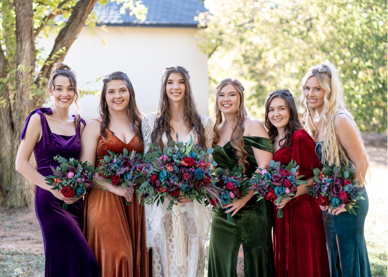 Purple, Teal, Red & Magenta bridesmaid bouquets, jewel tone wedding party with bride and bridesmaids3000-571.2