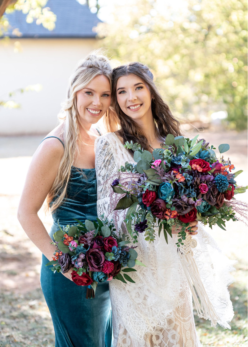 Purple, Teal, Red & Magenta wedding bouquets, jewel tone bride and bridesmaid holding flowers2142-1120.4481792717