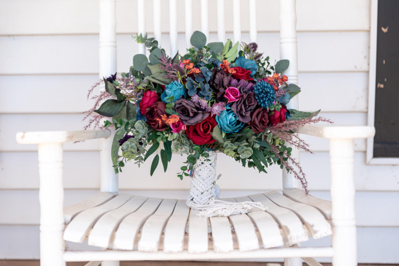 Purple, Teal, Red & Magenta wedding bouquet, jewel tone floral arrangement on chair3000-533.86666666667