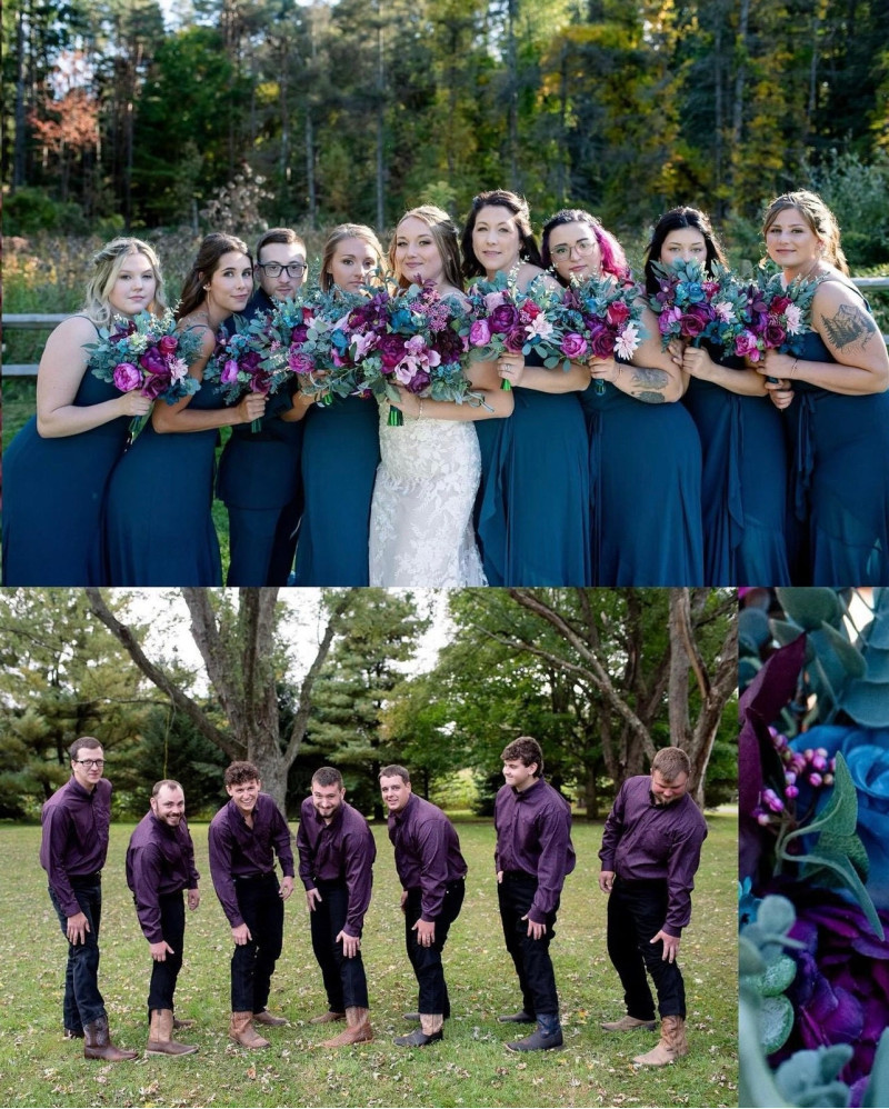 Bridal party with jewel-tone wedding bouquets in emerald green, purple, magenta, teal and navy blue