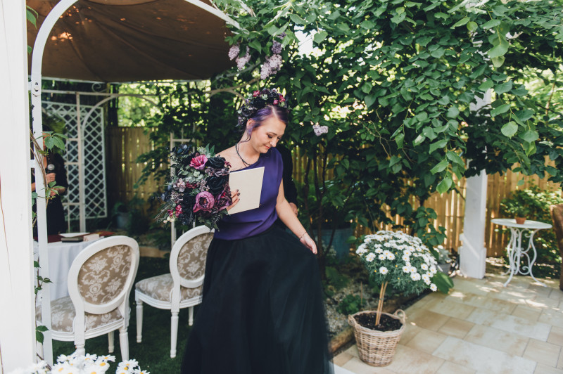 Black, purple, and magenta bridal bouquet with faux flowers for a Halloween or gothic wedding6016-532.31382978723