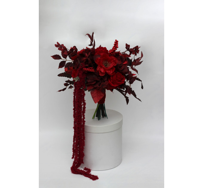 Red & Burgundy Dramatic Bridal Bouquet – Moody Faux Wedding Flowers
