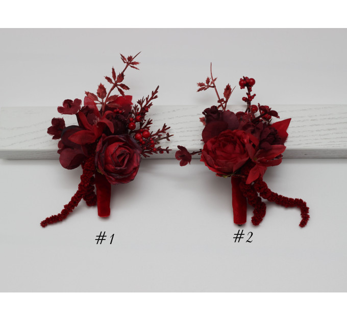 Red & Burgundy Wedding Boutonnieres – Dramatic Faux Floral Accessories