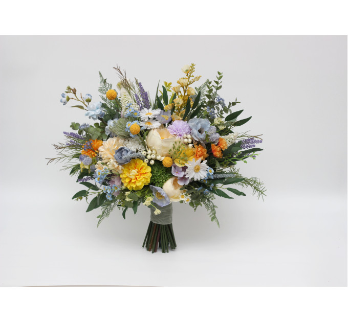 Yellow, Ivory, Dusty Blue & Lavender Bridal and Bridesmaid Bouquets