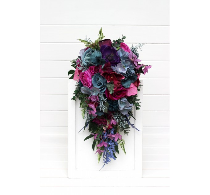 Wedding bouquets in teal, magenta, blue and purple  colors. Bridal bouquet. Cascading bouquet. Faux bouquet. Bridesmaid bouquet. Jewel-tone wedding. 5225