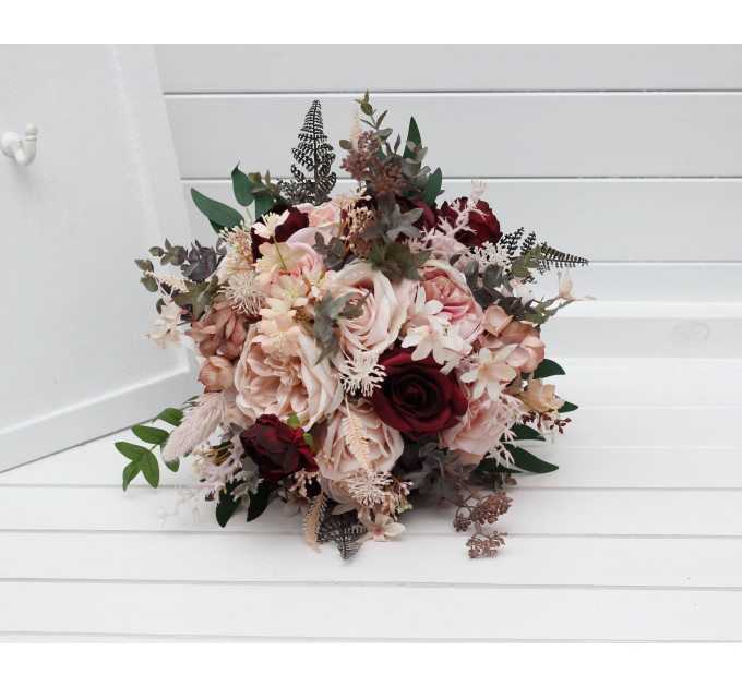 Romantic Faux Cascading Bouquets in Burgundy & Blush – Bridal and Bridesmaid Flowers