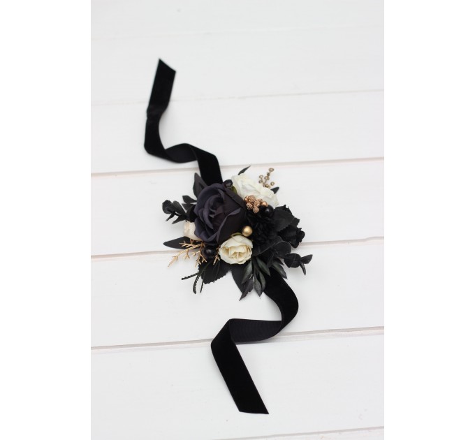  Wedding boutonnieres and wrist corsage  in ivory black gold color scheme. Flower accessories. 5159