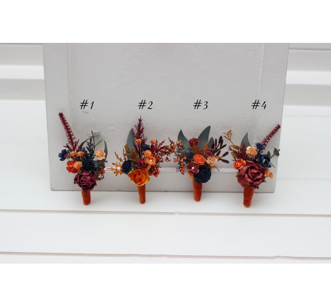  Wedding boutonnieres and wrist corsage  in orange burgundy navy blue  color scheme. Flower accessories. 0042