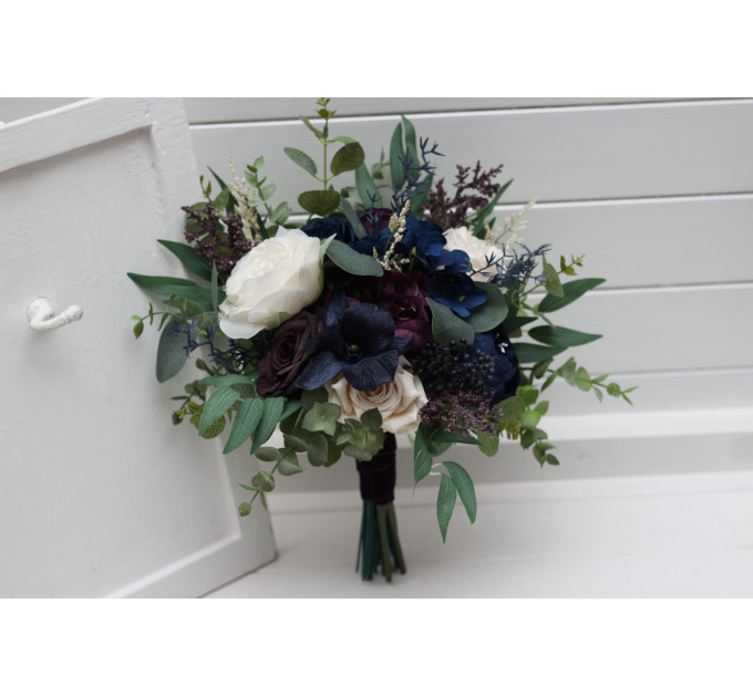 Plum, Ivory & Navy Blue Cascading Bridal and Bridesmaid Bouquets