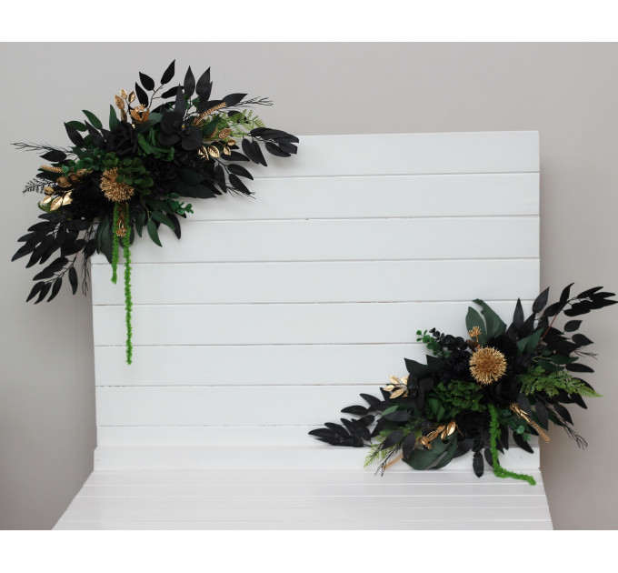 Moody forest green, black and gold sign flowers with amaranth