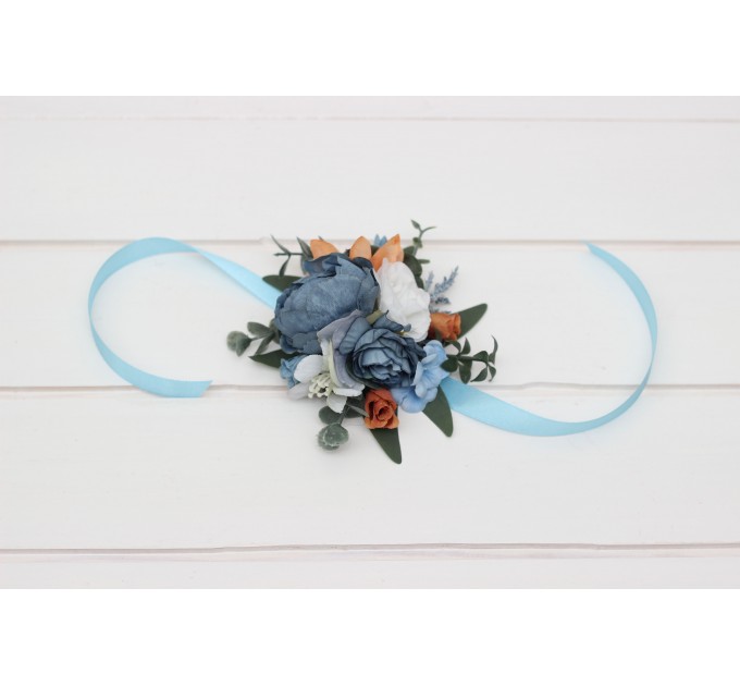  Wedding boutonnieres and wrist corsage  in white terracotta dusty blue color scheme. Flower accessories. 5227