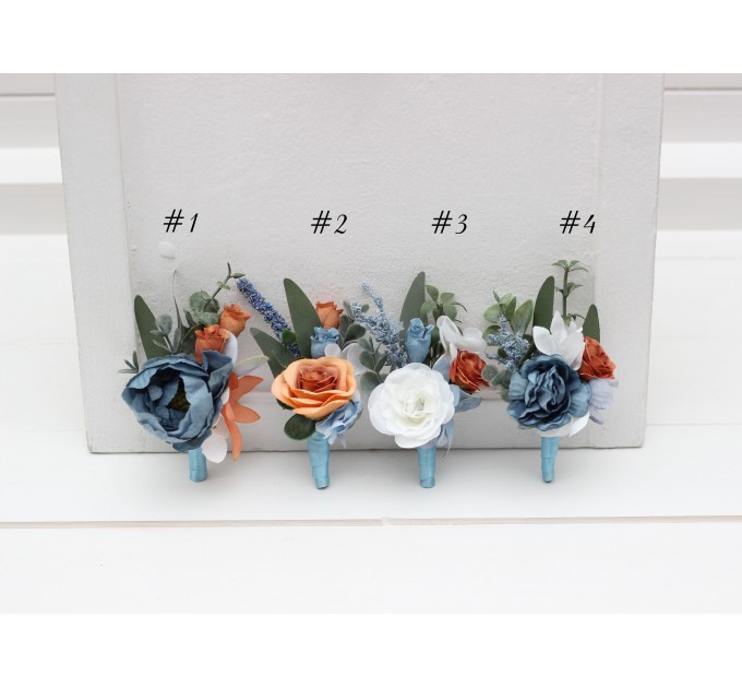  Wedding boutonnieres and wrist corsage  in white terracotta dusty blue color scheme. Flower accessories. 5227