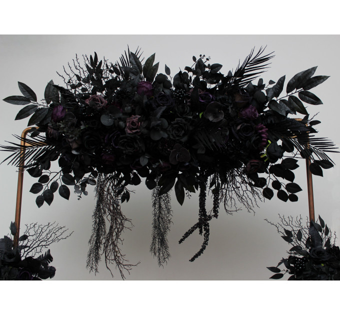 Halloween Wedding Flower Arch Arrangement in Black & Deep Purple | Faux Floral Archway for Gothic Wedding
