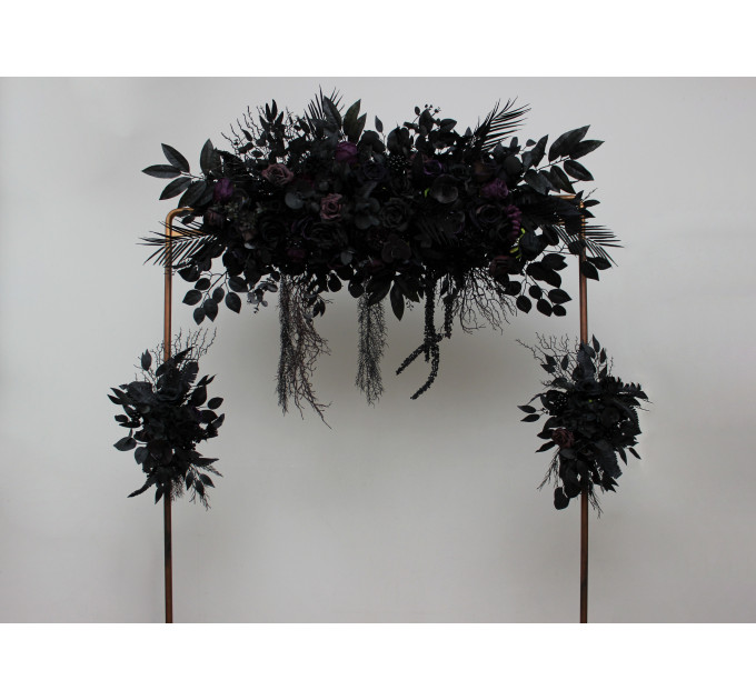 Halloween Wedding Flower Arch Arrangement in Black & Deep Purple | Faux Floral Archway for Gothic Wedding