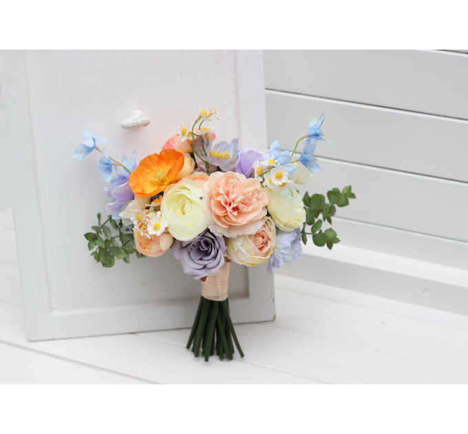Colorful Faux Bridal Bouquet – Peach, Dusty Blue, Ivory & Orange Bridesmaid Bouquet