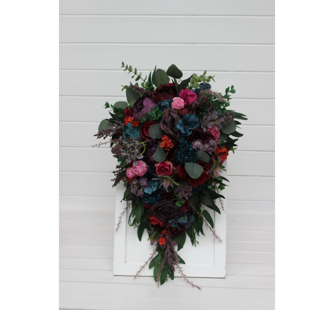 Jewel Tone Wedding Cascading Bouquet In Purple Red Magenta Burgundy Teal Rust