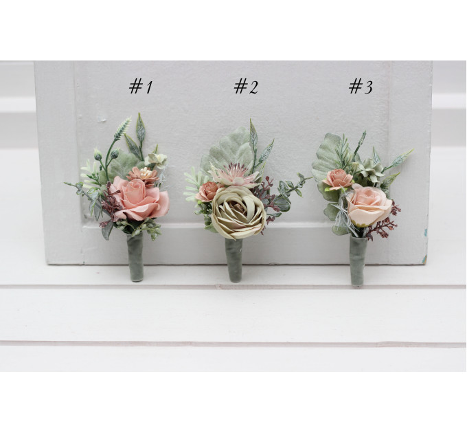Boutonnieres in Sage Green and Dusty Rose for Wedding