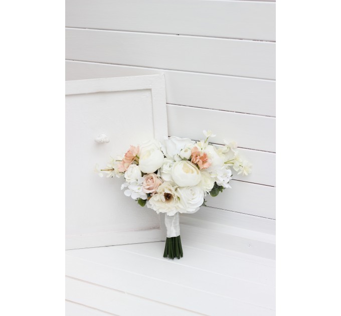 Spring summer wedding. White beige peach dusty blue flowers. Bridal bouquet .Silk flowers .Pastel wedding. Daisy bouquet. 5277