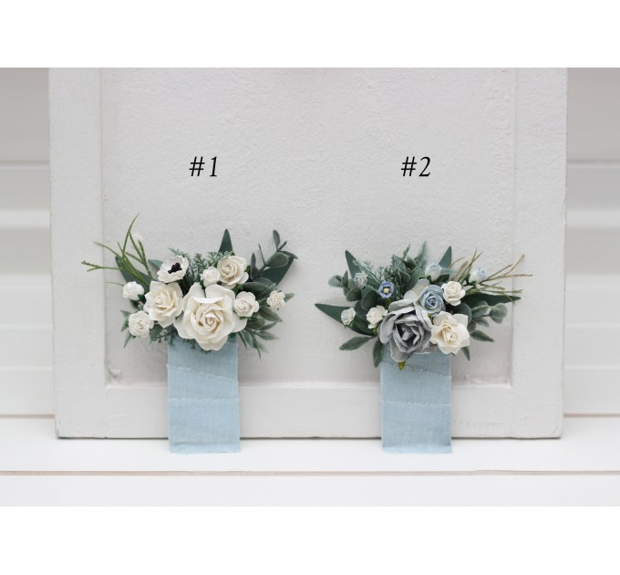 Pocket boutonniere in white and dusty blue color scheme. Flower accessories. Pocket flowers. Square flowers. 5282