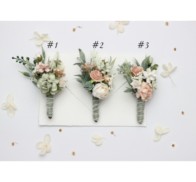 Wedding Boutonnieres in Sage Green and Blush Pink