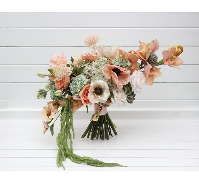 Asymmetrical Bridal Bouquet in Peach, Blush Pink & Sage Green
