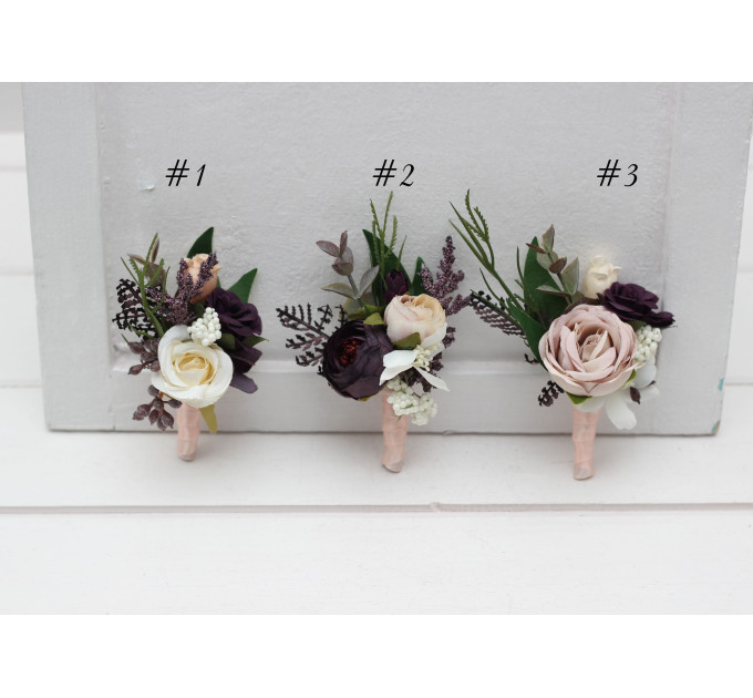 Wedding Boutonnieres in Purple, Blush Pink, Beige & Ivory