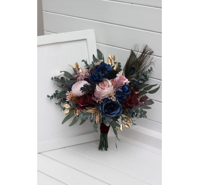 Wedding Bouquets in Burgundy, Navy Blue, Gold & Pink | Cascading Faux Bridal & Bridesmaid Bouquets with Peacock Feathers
