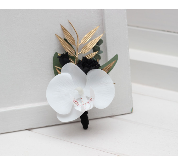 Wedding Boutonnieres & Wrist Corsage in Black, Gold & White | Faux Flower Accessories