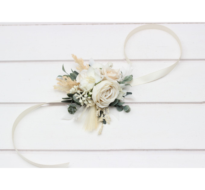 Wedding Boutonnieres & Wrist Corsage in Ivory & Cream | Faux Flower Accessories