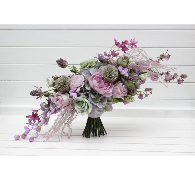 Asymmetrical Bridal Bouquet in Sage Green, Lilac & Lavender Pastel Tones