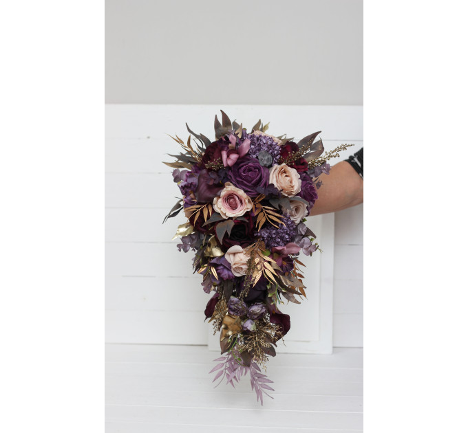Wedding Bouquets in Purple, Gold & Beige | Cascading Bridal & Bridesmaid Faux Bouquets