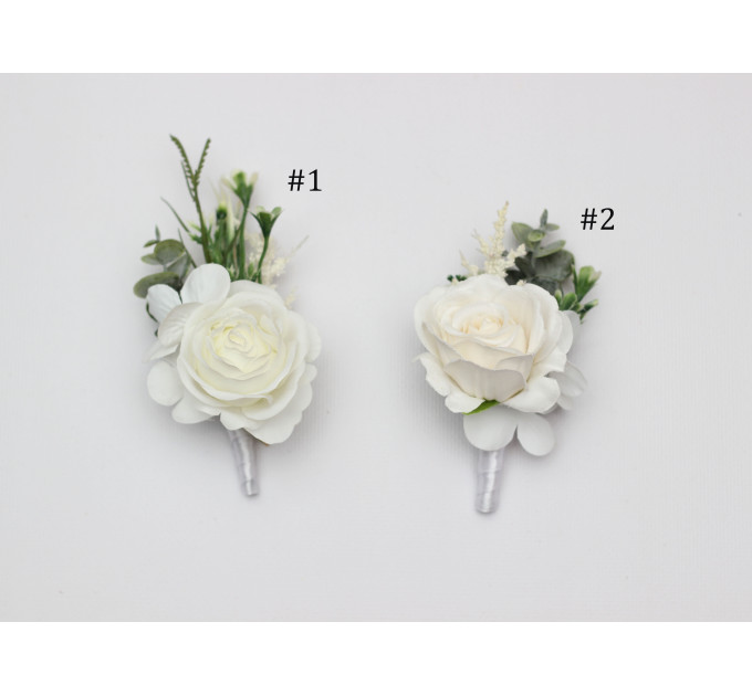 Ivory White Wrist Corsage and Boutonnieres for Classic Wedding Styling
