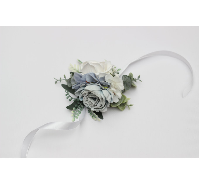 Dusty Blue, White & Green Wrist Corsage and Boutonnieres for Wedding