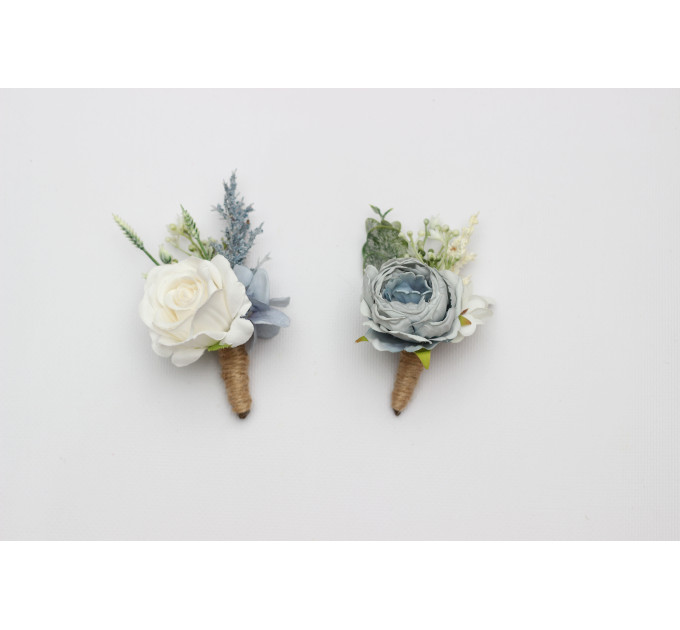 Dusty Blue, White & Green Wrist Corsage and Boutonnieres for Wedding