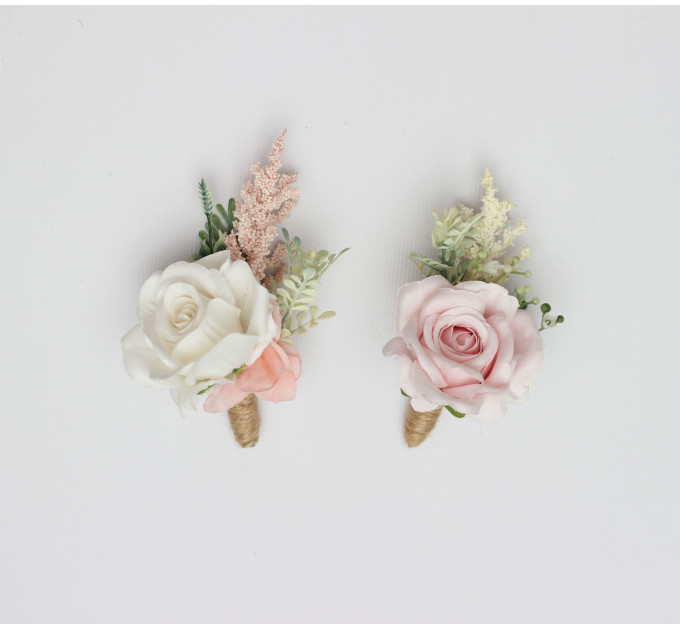 Blush Pink & White Wrist Corsage and Boutonnieres for Wedding