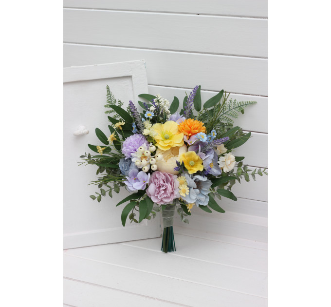 Yellow, Ivory, Dusty Blue & Lavender Bridal and Bridesmaid Bouquets