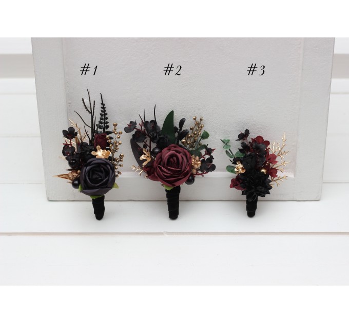  Wedding boutonnieres and wrist corsage  in black burgundy gold color scheme. Flower accessories. 5305