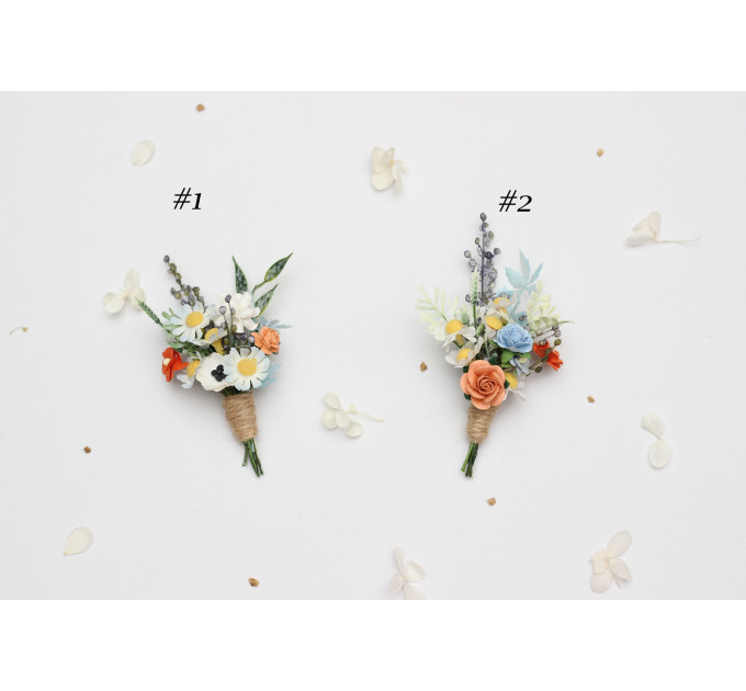 Peach, Dusty Blue & Ivory Wedding Boutonnieres for Groom and Groomsmen