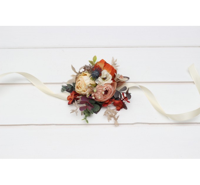  Wedding boutonnieres and wrist corsage  in rust orange cream color scheme. Flower accessories. 5179