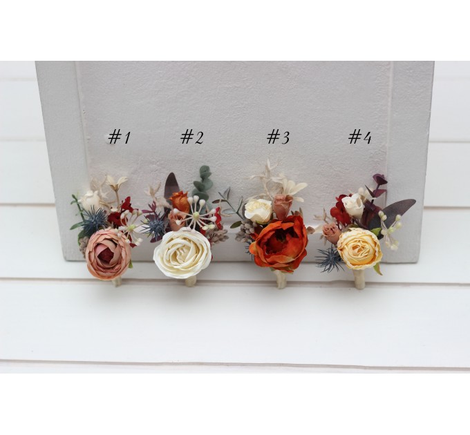 Wedding boutonnieres and wrist corsage  in rust orange cream color scheme. Flower accessories. 5179