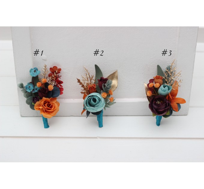  Wedding boutonnieres and wrist corsage  in teal rust gold plum color scheme. Flower accessories. 5222