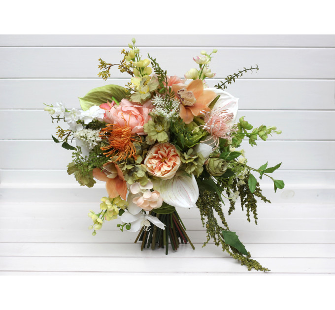 Peach, Yellow, White & Dusty Olive Asymmetrical Bridal Bouquet