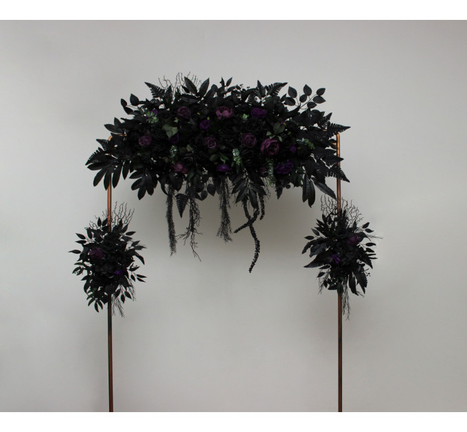 Gothic Flower Arch in Deep Purple, Black & Dark Green – Dramatic Faux Wedding Arbor Arrangement