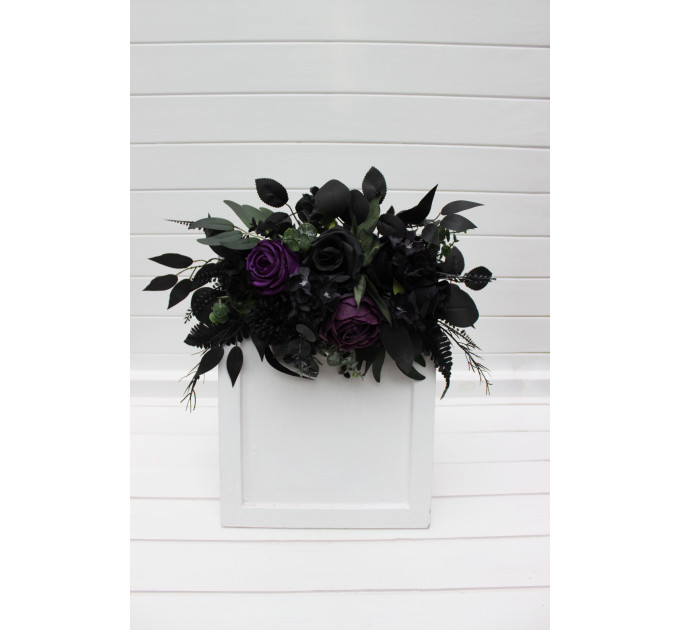 Gothic Flower Arch in Deep Purple, Black & Dark Green – Dramatic Faux Wedding Arbor Arrangement